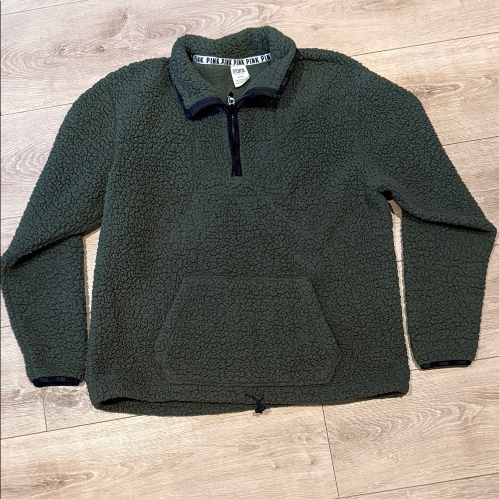 PINK Victoria's Secret Olive Green Sherpa Half-Zip Pullover